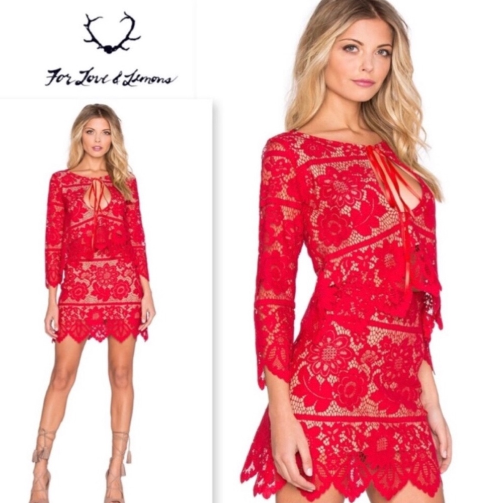 For Love & Lemons Red Lace Gianna Top in Size (XS)